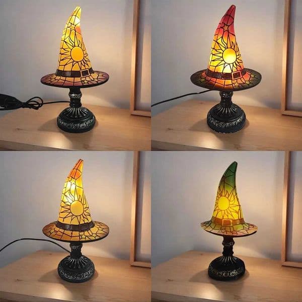 Resin Stained Glass Printed Witch Hat Lamp USB Powered Small Table Lamp Night Light for Living Room Bedroom Halloween DecorationXJ250908