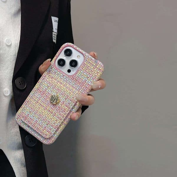 DHgargets Woven Pattern Camellia Card Holder Compatible with Apple 15 Phone Case Niche 14 Soft iPhone 13 for Women 11/12