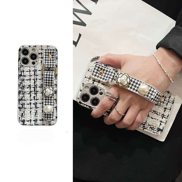 DHgargets Chanel Style Camellia Wristband Compatible with iPhone 15 Pro Apple 14 Phone Case 13 Houndstooth 12 Women 11 Trendy X