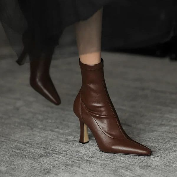 Women High Heel Short Leather Boots New Boots Female Pointed Thin Heel Boots Ladies Ankle Short Boots Botas De Mujer 2024 250908BJ