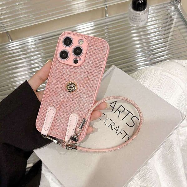 DHelectronics Suitable for 16 Pro Max Camellia Wrist Strap iPhone 15 Leather Textured Shockproof Protective Case