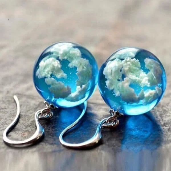 Exquisite Fashion Round Glass Blue Sky and White Clouds Pattern Earrings Personality Silver Color Metal Hook Dangle 250908BJ