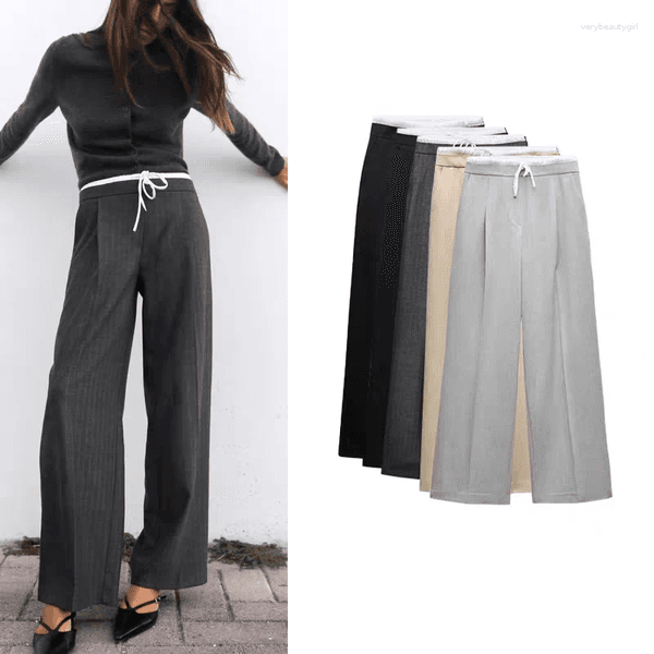 Women's Pants Spring Arrival Faion Double Layer Wide Leg High Waist Straight Cut Casual Trousers Comfortable Fit Polyes...