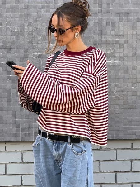 Oniflyme Contrast Color Striped Tshirt Women Fashion O Neck Long Sleeve Crop Tops Streetwear Autumn Pullovers Loose Casual Tees 250909BJ