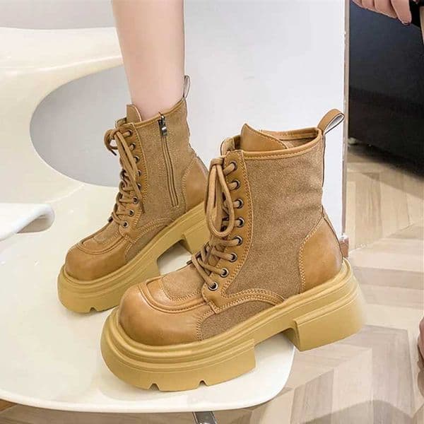 Block Heel Booties Womens Fashion Round Toe Spliced Suede Front Laceup Platform NonSlip WearResistant Single Shoes W250909