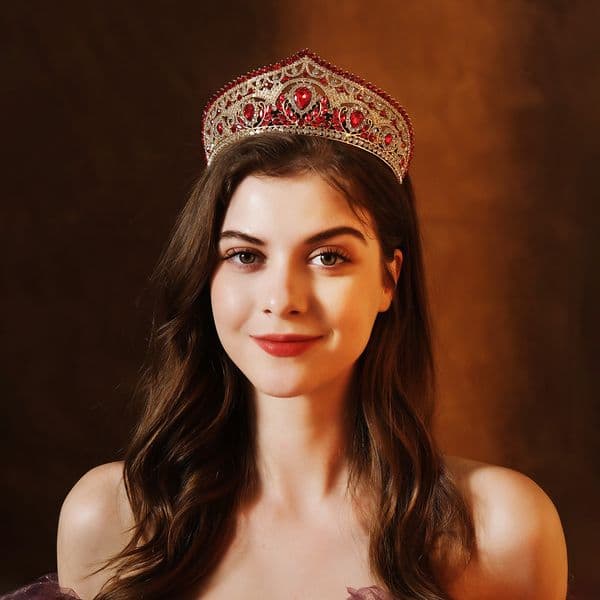 Exquisitely Luxurious High Craft Bridal Tiara Adorned with Glistening Red Crystals Stunning Ethnic Style Wedding Crown with Full Diamond Sparkle