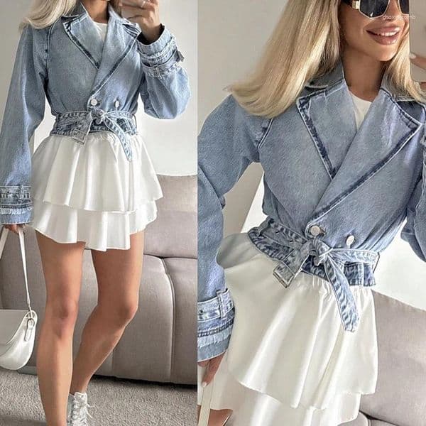 Women's Jackets Elegant Lapel Collar Solid Denim Outercoat 2025 Casual Long Sleeve Blue Fashion Button Hight Street Short Coats