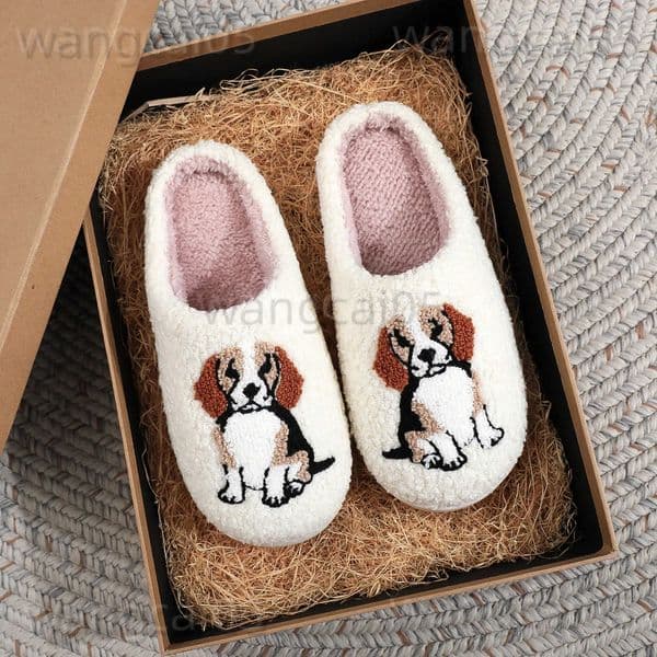 Beagle Pet Dog Pattern Embroidered Plush Home ThickSoled Comfortable Furry Slippers Cute Warm NonSlip Indoor Slippers Pet Mom Gift Dog Lovers Men and Women Can Wear T