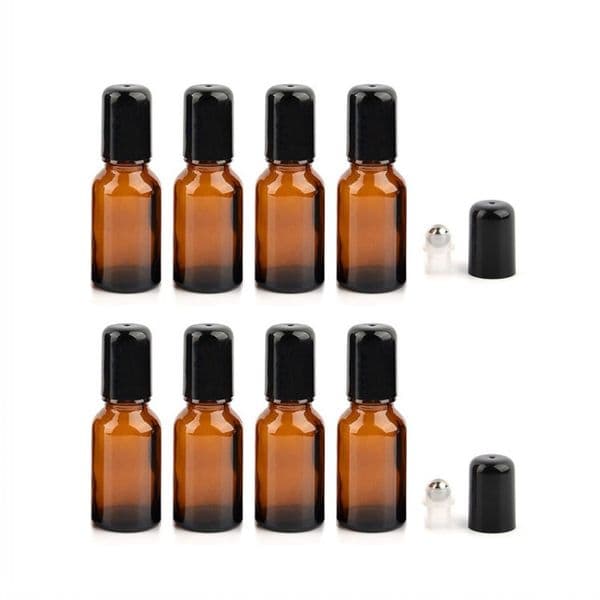 15ml Refillable Empty Amber Glass Roll-on Roller Bottles with Stainless Steel Roller Balls and White Cap for Essential