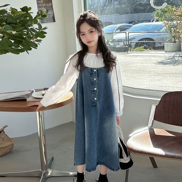 D327 Girls spring clothes 2024 new style fashionable big children's denim overalls skirt suit children's spring and autumn skirt two-piece suit