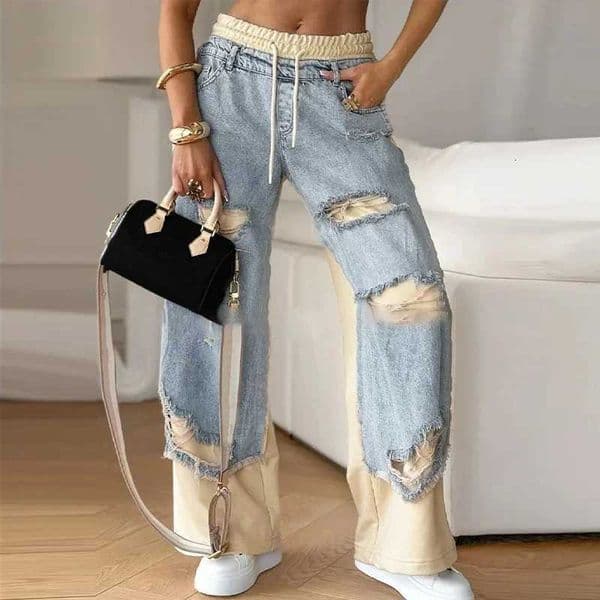 Casual Patchwork Jeans Women Loose Drawstring Low Waist Pockets Zipper Straight Leg Pants 2025 Spring Summer Street Lady Trouser Z250910
