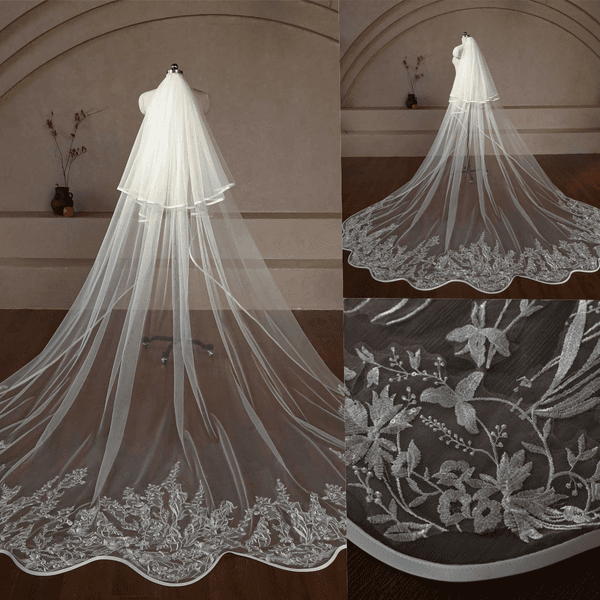 Elegant Customized Two Layer Cathedral Length Bridal Veils With Comb Marriage Veils Appliques Edge Wedding Accessories