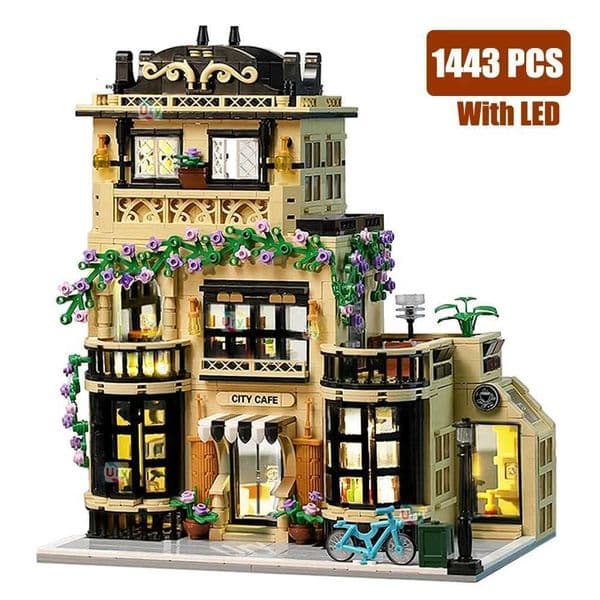 City Street View Modular Coffee Restaurant Retro Flower House with LED Light MOC Architecture Building Block Sets Toys for Kids Z250910