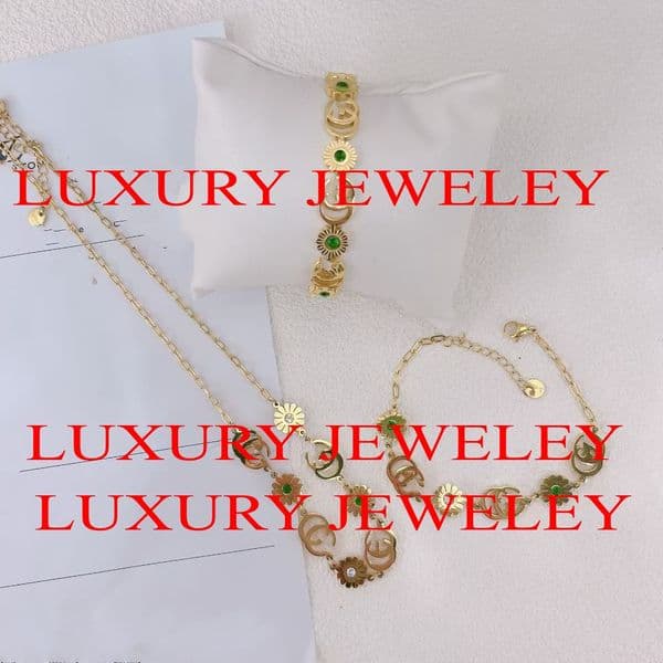 Luxury women charm bracelet original designer green stone flower G bangle necklace elegant women girls 18K gold silver branded statement christmas Jewelry set