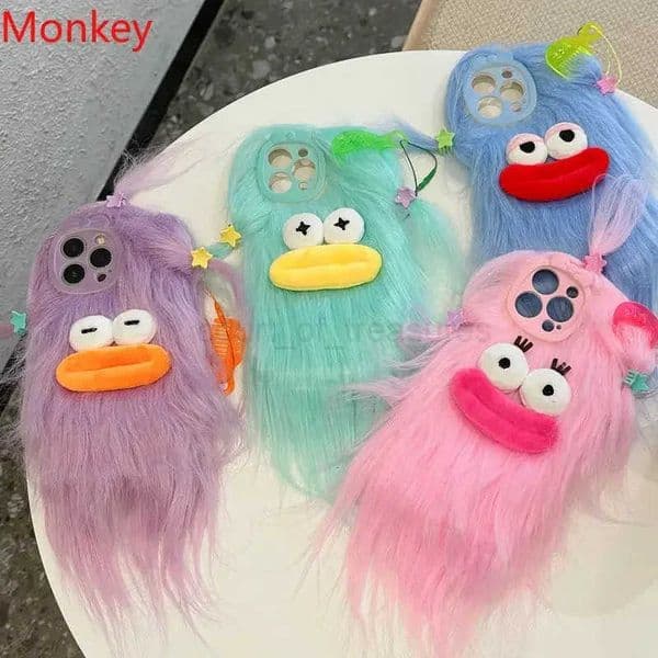Korean Funny Fluffy Plush Monster Cases For iPhone 17 Pro Max 15 16 14 Plus 13 12 11 Cute Girl Winter Warm Cover Fur Soft Coque M250910