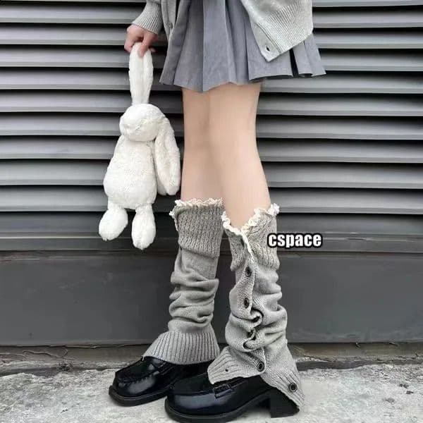 JK Girls Leg Sock Set Lolita Button Lace Warm Straight Knitted Warmers 250910BJ