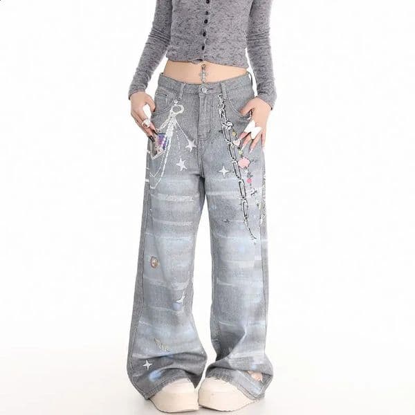 Autumn Winter Vintage Loose Straight Leg Denim Jeans Printed Casual Wide Pants Trendy n Skinny Female Cargo 250911BANJIA