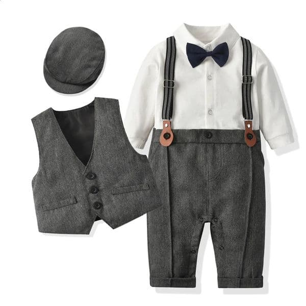 Childrens Clothing Gentleman Suit Set Baby Romper One Year Old Child British Sle Cotton Onesie with Hat 250910 Season Y260602+1