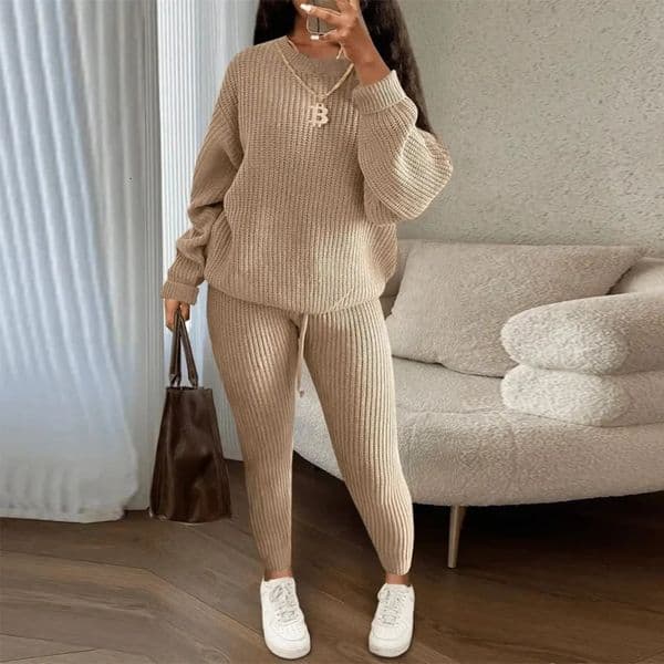 Spring Two Piece Sets Women Pant Set Knitted Round Neck Y2k Streetwear Sweaters Top Lace Up Elastic Waist Long Pants Knit 250910BJ