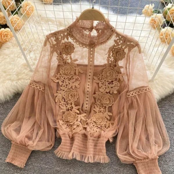 Lace Puff Long Sleeve Blouse Vintage Fashion Blouses Elegant Femme Blusas Korean Woman Tops Women Shirts Clothing Drop250908BJ