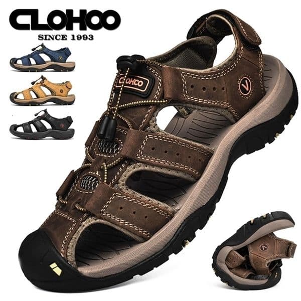 CLOHOO Mens Sandals Handmade Thick Bottom Rubber Breathable Casual SlipOn Beach Shoes Leather Upgraded Version 250910CJBJ