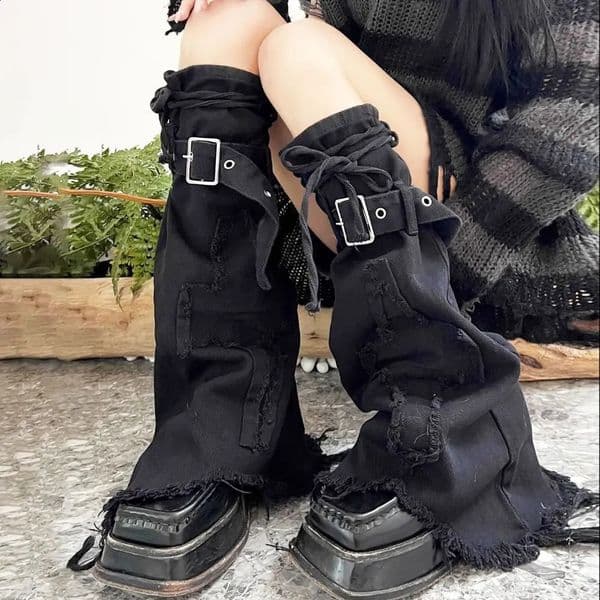 Fashion Y2k Leg Warmer Punk Harajuku Black Denim Covers Vintage Drawstring Strap Boot Socks 250910BJ