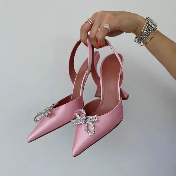 Pointed Middle And Back Empty Silk Sandals WomenS Net Red With Crystal Bow Stiletto Heels 250910BJ