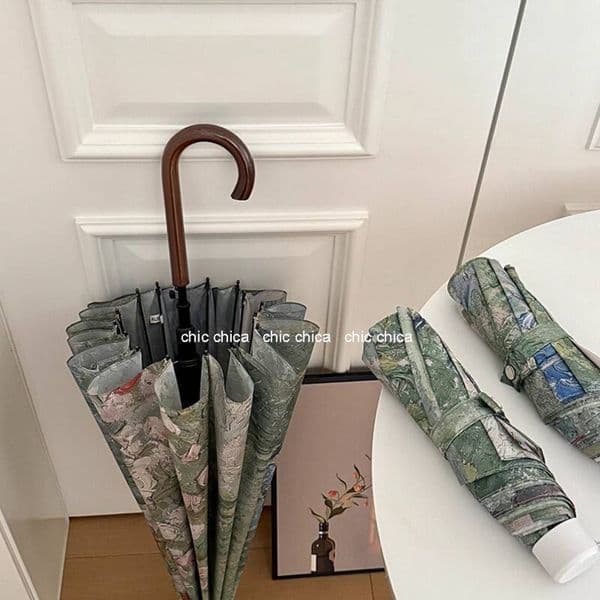 Chic French Van Gogh Oil Painting Garden for Women, High Aesthetic 16-Rib Reinforced Windproof Long Handle Umbrella