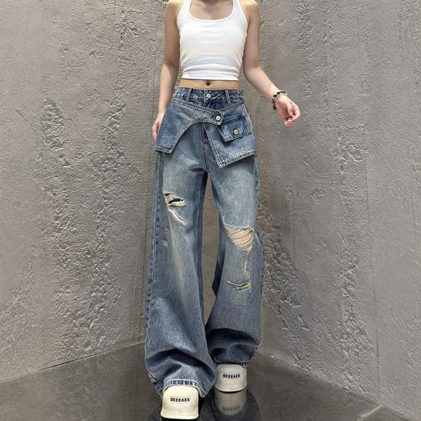 Streetwear Harajuku Jeans for Women Pantalones Vaqueros Mujer Chic Two Denim Trousers Casual Straight Y2k Wide Leg Pants 250911BANJIA