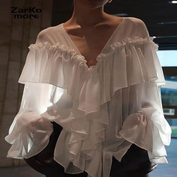 Womens Chiffon Ruffle Shirts White Loose Vneck Lantern Sleeve See Through Blouses Spring Summer Lady Commute Outwears 250911BJ