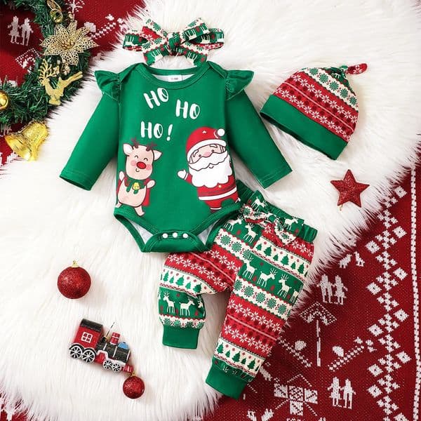born Baby girl Christmas Set Santa Claus print BodysuitReindeer Print PantsHatHeadband 4Pcsset for 018 Months 250910