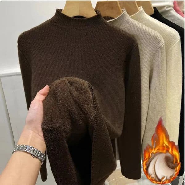 Turtleneck Winter Sweater Women Elegant Thicken Velvet Lined Warm Sueter Knitted Pullover Slim Tops Jersey Knitwear Jumper 250911BANJIA