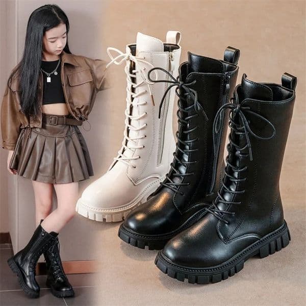 AutumnWinter ZIP Fashion Cool Baby Girls Warm Square Heel Round Toe Casual LaceUp Comfortable Kids Black Mid Boots 250911BJ