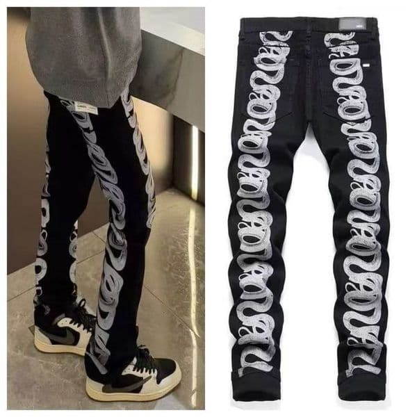 Trendy ner High Street Black Ripped Patch Letter y Slim Fit Elastic Small Foot Jeans Men Clothing 250911BJ