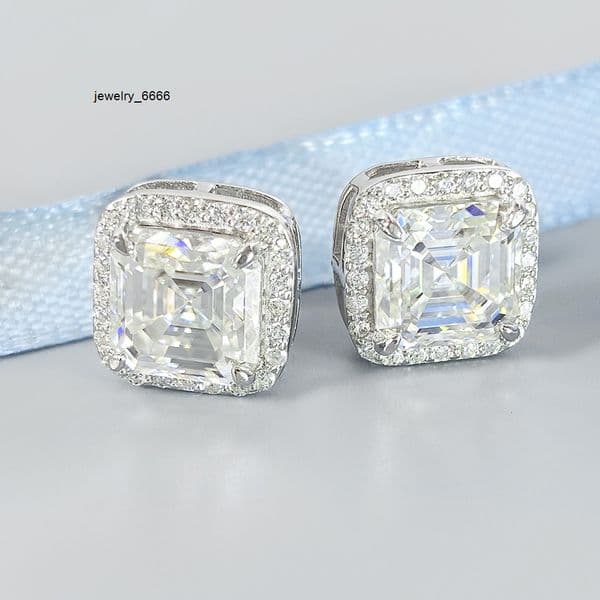 FOXI 925 Sterling Silver Earring square Asscher Cut Moissanite Diamond Halo Earrings Screw Back Post Stud Earrings for Men Women
