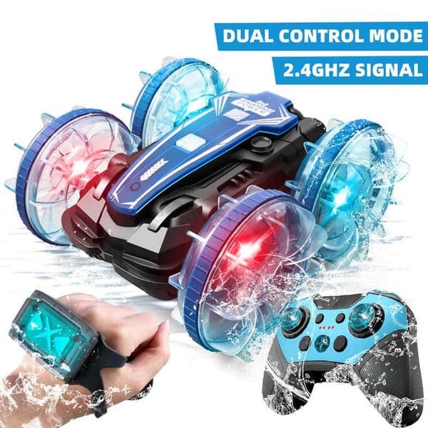 New LED Amphibious RC car Dual remote control waterproof stunt car double side flip drift drive 360 rotation rc cars Kids toy T250912