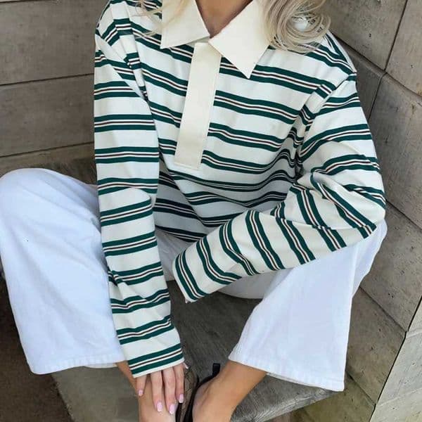Women Striped Tshirt Y2k Long Sleeve Oversized Sweatshirt Vintage Lapel Collar Shirt Pullover Tops Tees Preppy Streetwear Z250912
