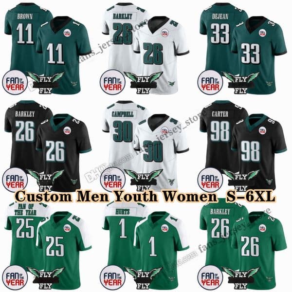 Custom DIY 2025 College Football Jerseys 26 Saquon Barkley 1 Jalen Hurts 11 A. J. Brown 98 Jalen Carter 30 Jihaad Campbell 33 Cooper DeJean 25 Fan Of The Year