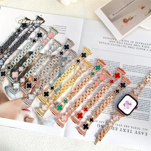 Shiny Four Leaf Clover metal applewatch straps for Apple Watch 49mm 46mm 45mm 44mm 42mm 41mm 40mm 38mm bands iwatch Series 10 9 8 7 6 5 4 3 Ultra 2 lucky ddmyno