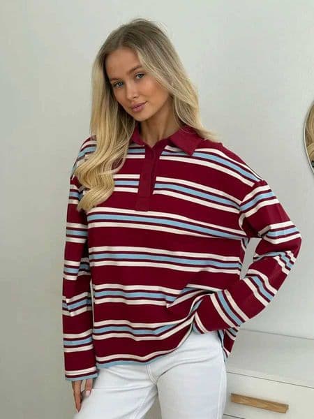 Flip Collar Striped TShirt For Women 2025 Autumn New Fashionable Long Sleeved Shirt For Womens Pure Cotton TShirts Top Z250912