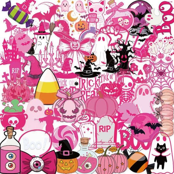 50 Sheets Cartoon Pink Halloween Stickers Pack Waterproof Transparent PET Journal Decoration Guitar Notebook Bulk