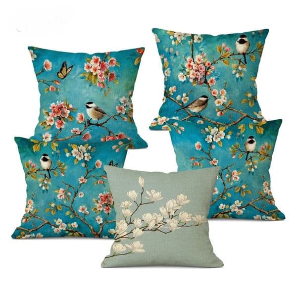 Plum Flower Decorative Cushions Cover Vintage Bird Print Throw Pillow Case for Home Sofa Decor Pillowcase 45x45cm