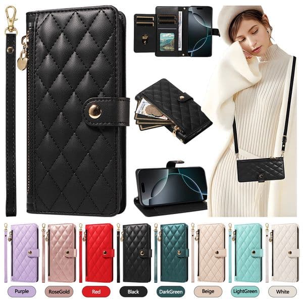 Crossbody Wallet Phone Case for iPhone 17 Air 16 15 14 13 12 11 Pro Max Samsung S25 S24 S23 Ultra Plus Fe A73 A55 5 Card Slots Zipper Pocket Diamond Grid PU Leather Flip Cover