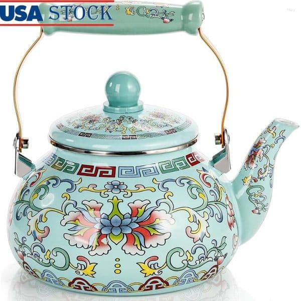 Water Bottles Vintage Floral Enamel Tea Kettle Stovetop Coffee Pot With Ceramic Handle Heat Insulated Dishwasher Safe Elegant Teapot Home