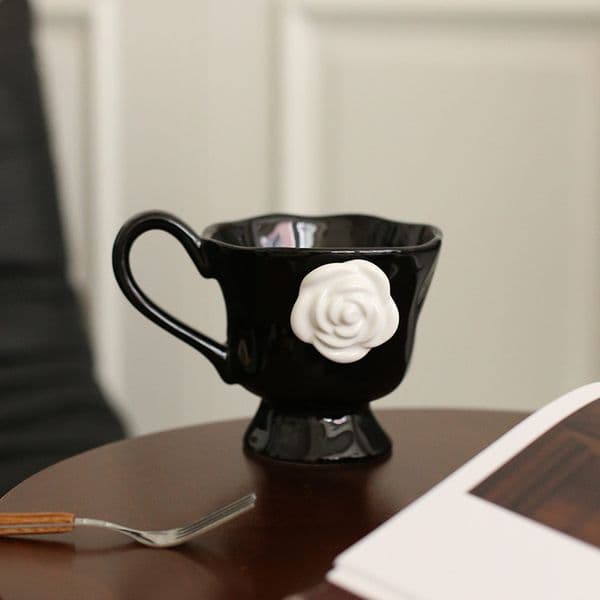 Camellia High-Quality Embossed French Style Household Creative Breakfast Ceramic Water Coffee Cup Mug