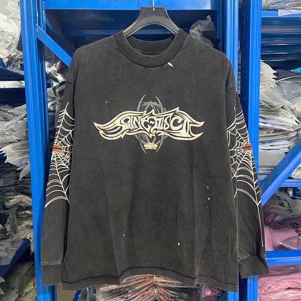 High Street Vintage Washed Black Damaged Hole Splashed Ink Long-Sleeved T Shirt Men Women Print T-Shirt Top Oversized