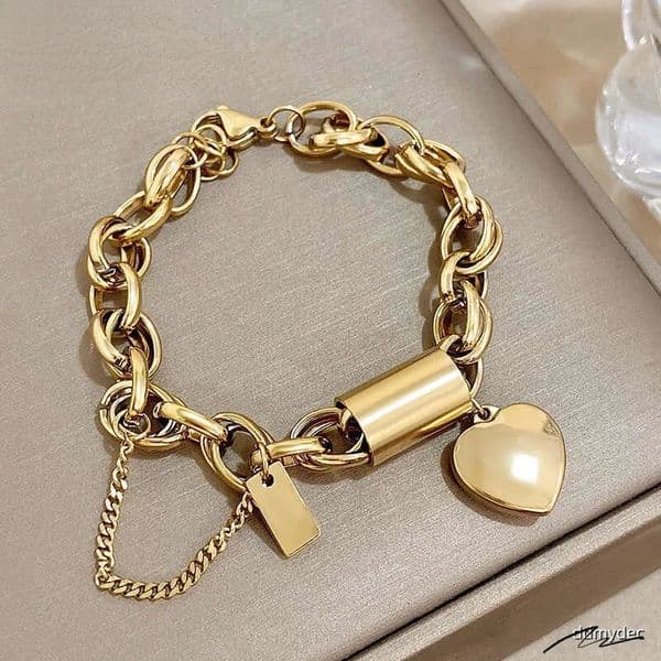 Punk Chunky Gold Color Thick Chain Stainless Steel Bracelets For Women Fashion Design Heart Love Pendant Wrist Jewelry Gift ddmyDec