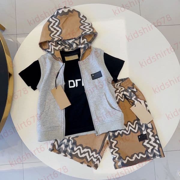 Kids designer clothes set children's shorts Korean version boys' and girls' stylish summer3-piece set hooded classic B brand grid short sleeved size children's set