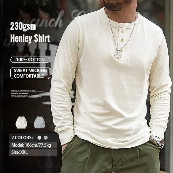 Maden Longsleeved Henley Shirt for Men Threebutton Classic Design Round Collar Beige Basic Tshirts Male Autumn Thin TeesXJ250915