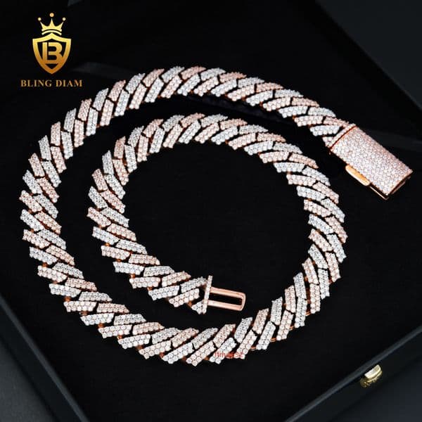 Fashion 15mm Cuban Moissanite Chain Pass Diamond Tester VVS Moissanite Rose Gold Necklace 925 Sterling Silver Past Diamond Test